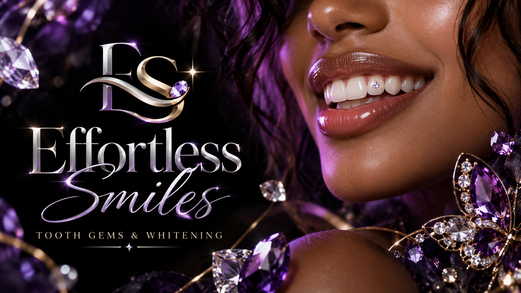 Effortless Smiles tooth gems and whitening artwork with a jeweled smile and purple crystals